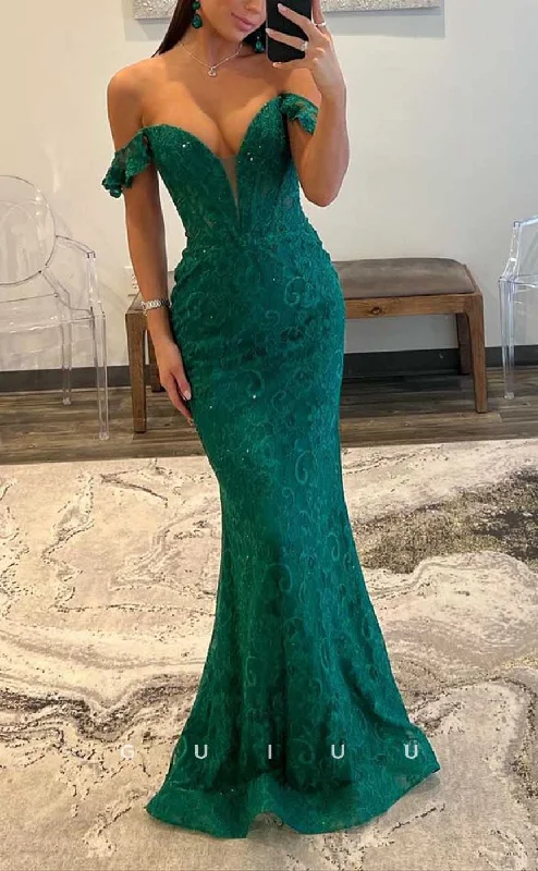 G4373 - Sexy & Hot Sheath Off Shoulder Allover Lace Draped Evening Gown Prom Dress with Beads and Ruffles Lace Dress Lace