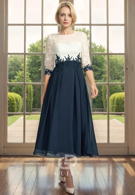 A-Line Scoo Neck Half Sleeves Lace Appliques Tea Length Back Zipper Mother of Bride Dress Off-the-shoulder Lace