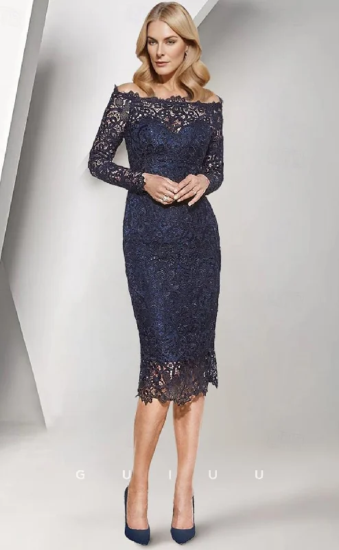 GM014 -  Sheath Elegant Off Shoulder Long Sleeves Keen Length Fully Lace Mother of the Bride Dress Flowy Lace Dress