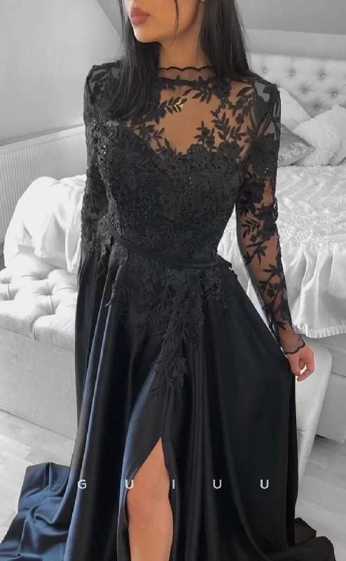 G2762 - Sexy & Hot A-Line Lace Applique Illusion Black Long Prom Evening Dress Lace Maxi Dress