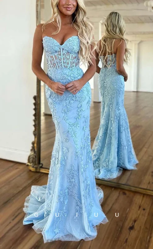 G2379 - Sexy Lace Appliques Straps Mermaid Evening Prom Dress With Lace-Up Blue Lace Dress