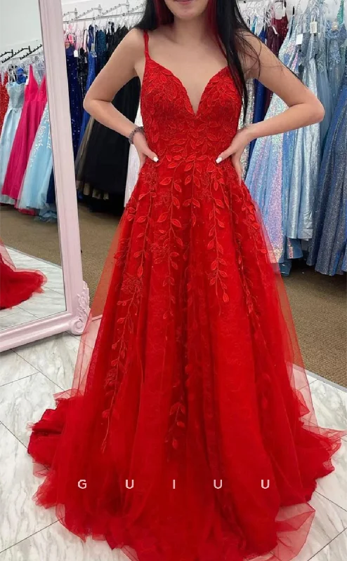 G4624 - A-Line V Neck Straps Sleeveless Appliques Lace-Up Red Prom Dress with Train Lace Bridesmaid Gown