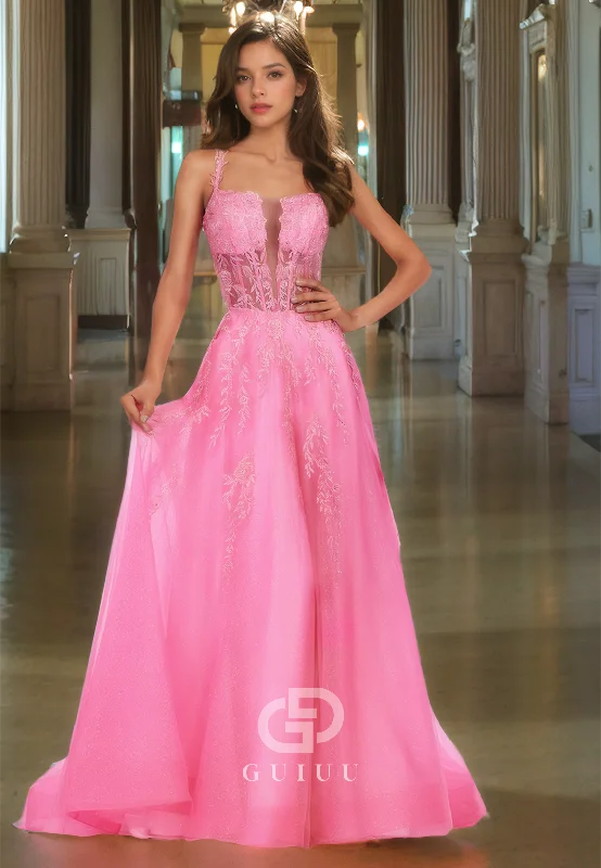 Plunging V-Neck Lace Appliques A-Line Lace-Up Prom Dress with Straps Tiered Lace Gown