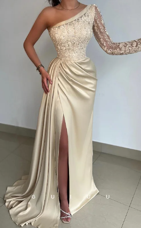 G2684 - Elegant & Luxurious Lace One Shoulder Pleats Satin Evening Prom Dress Lace Dress Chic