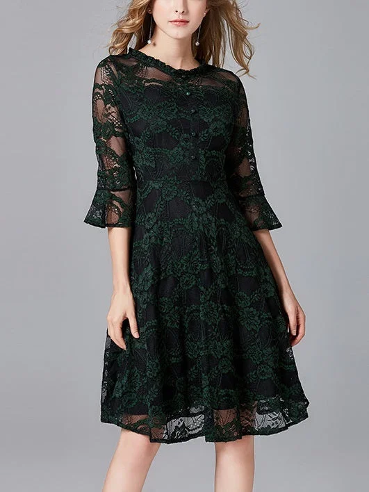 (Ready Stock 3XL - 1 Pc) Maeva Green Lace Bell Sleeve Dress Classic Lace Dress