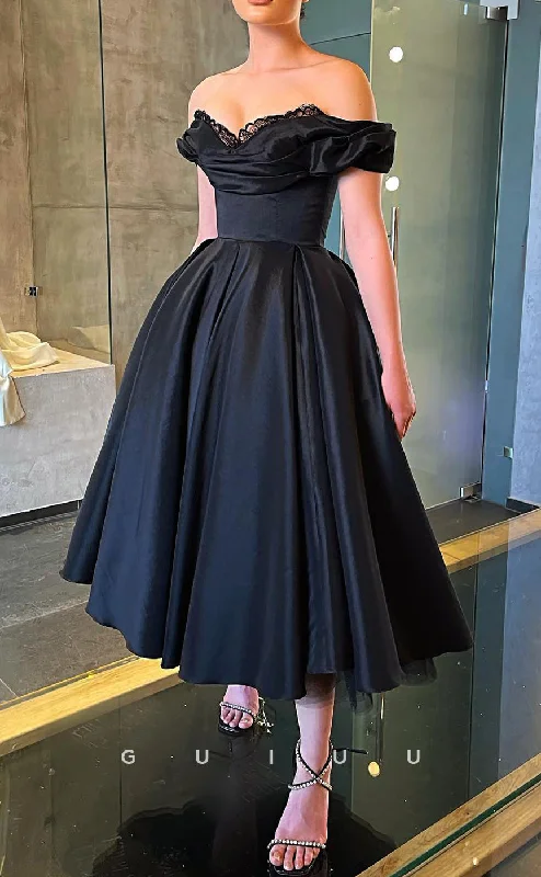 G2863 - Classic & Timeless A-Line Lace Off-Shoulder Satin Black Prom Evening Dress Lace Dress Set