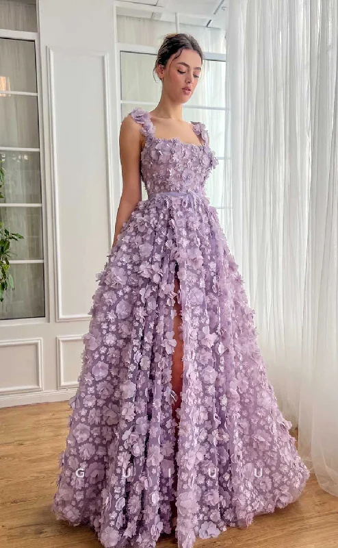 G4439 - Cute & Chic A-Line Square Straps Lace-Up Long Sweep Prom Evening Gown with Allover Flowers and Beaded Lace Dress Perfect