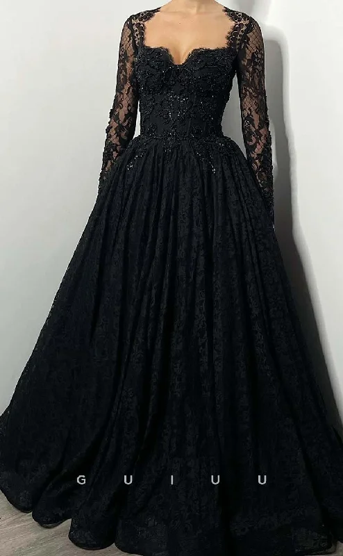 G3196 - Elegant & Luxurious A-Line Sweetheart Lace Beaded Long Formal Prom Dresses Lace High Neck Dress