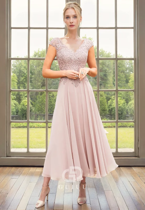 A-Line V Neck Short Cap Sleeves Lace Appliques Tea Length Chiffon Mother of Bride Dress Lace Dress Glamour