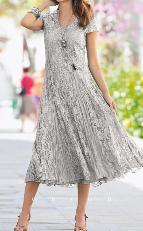 GM118 - Sheath V Neck Tea Length Short Sleeve Lace  Mother of the Bride Dress Lace Evening Gown