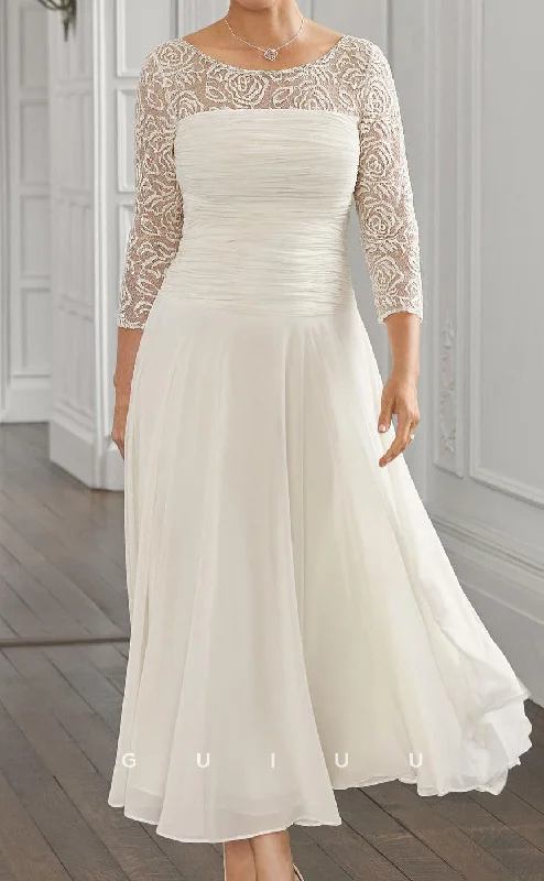 GM137 - A-Line Scoop Neck 34 Length Sleeves Lace Chiffon Mother of Bride Dress Ruffled Lace Gown