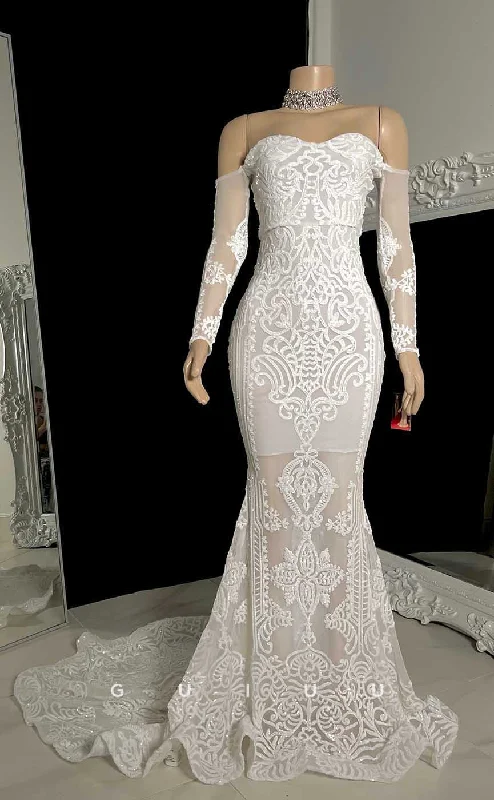 G4558 -  Elegant Mermaid Off-Shoulder Strapless Lace Back Zipper Prom Evening Gown with Court Train Lace Dress for Weddings