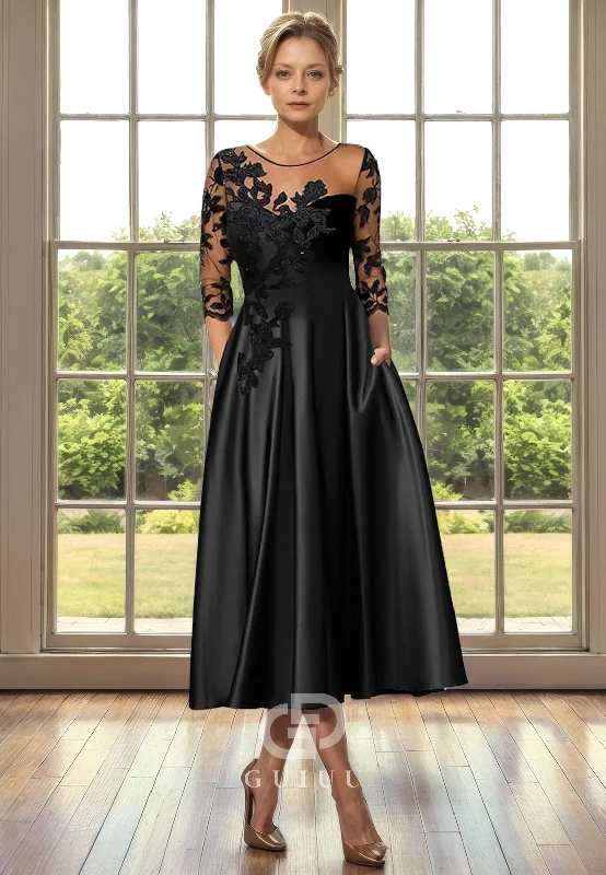 A-Line Scoop Neck 34 Length Sleeves Lace Tea Length Mother of Bride Dress Lace Dress Fashion