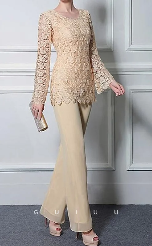 GM104 - Two Piece Jumpsuit Scoop Neck Ankle Length Chiffon Lace Long Sleeves Mother of the Bride Dress Lace Dress Classic