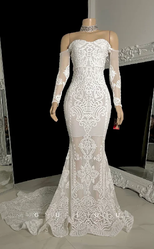 G2754 - Elegant Off-Shoulder Mermiad Lace Sheer Prom Evening Dress With Train Lace Shift Dress