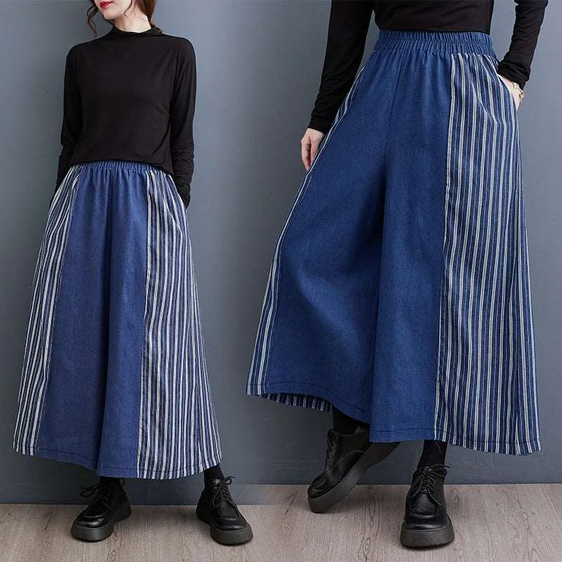 Patchwork Striped Denim Wide Leg Pants