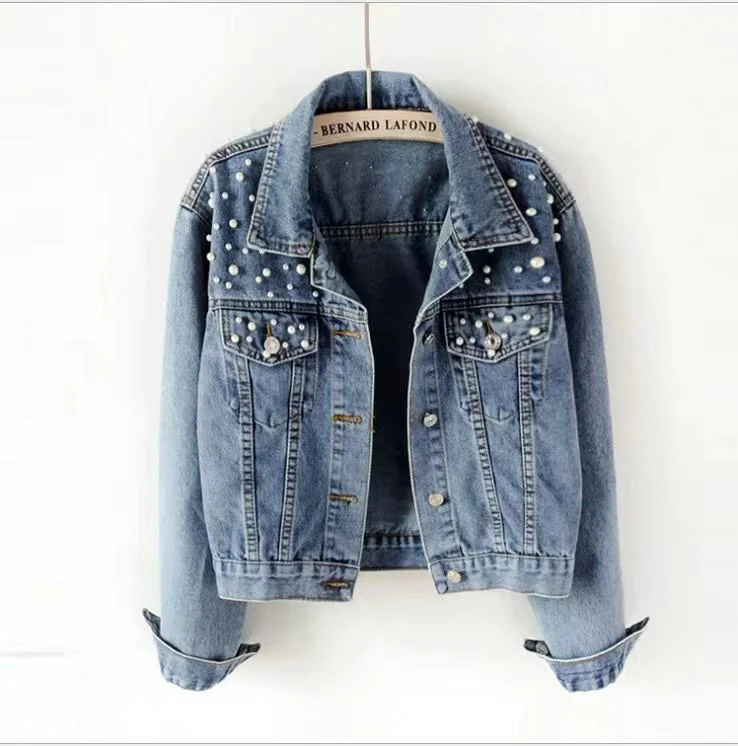 Pearl Embellished Denim Jackets Women's suede jackets