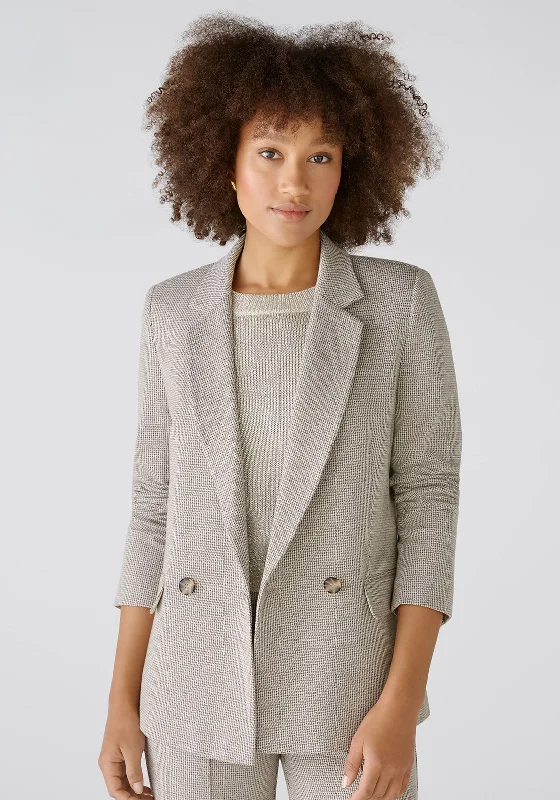 Oui Jersey Houndstooth Double Breasted Blazer, Beige Women's sporty jackets