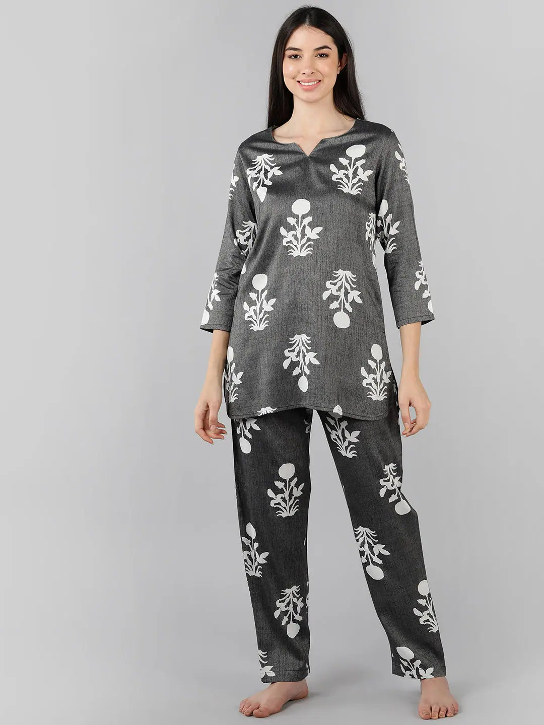 Ahika Women Grey Floral Printed Top Loungewear pajama sets