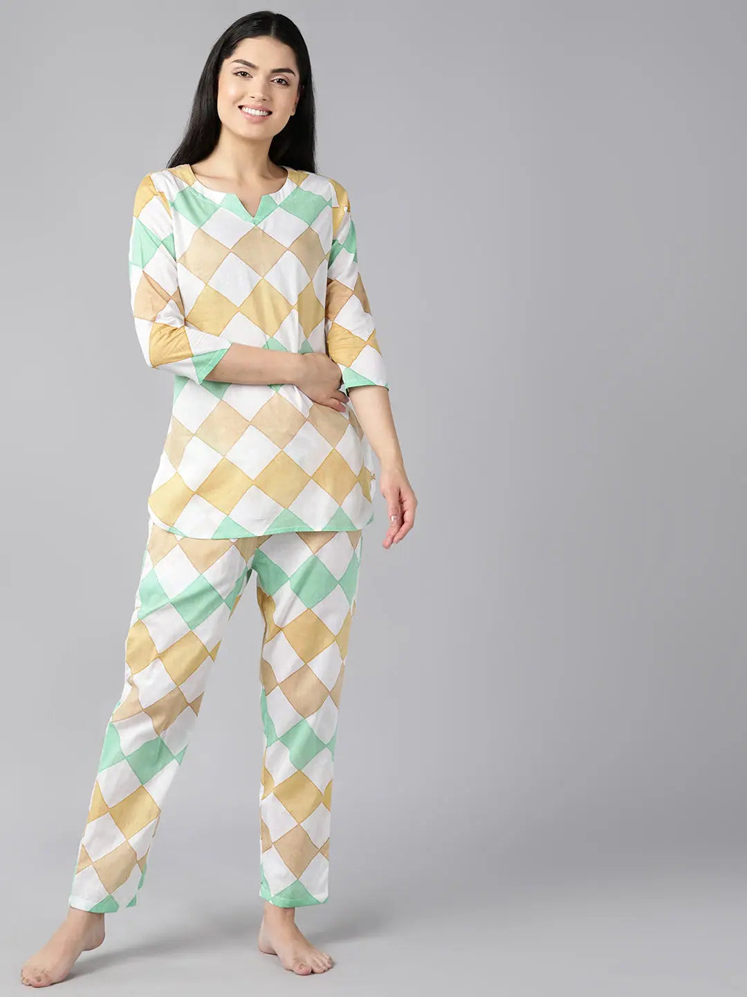 Ahika Women White Green Printed Pure Cotton Night Suit Party pajama sets