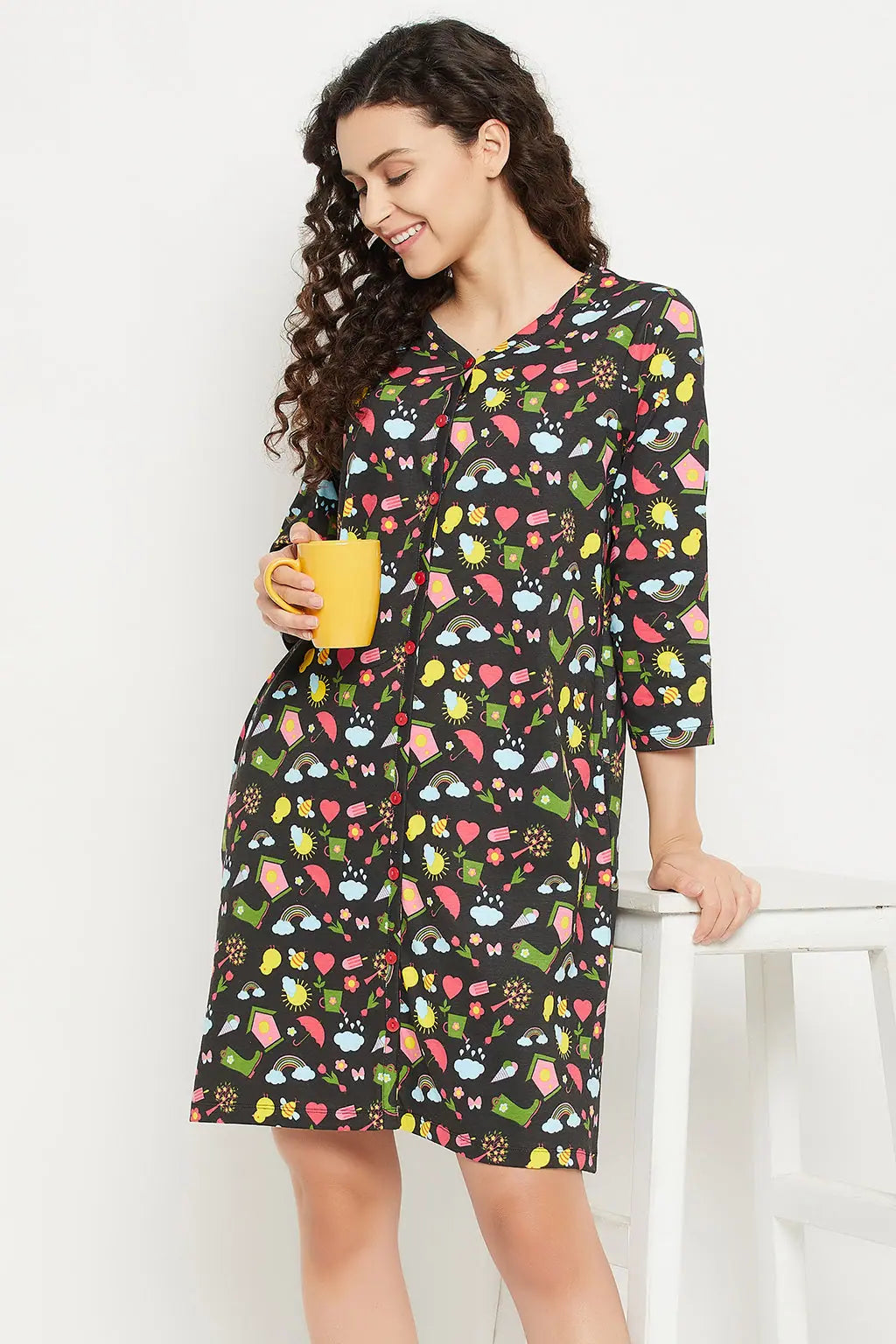 Print Me Pretty Button Me Up Short Night Dress in Black - 100% Cotton Polyester pajama sets