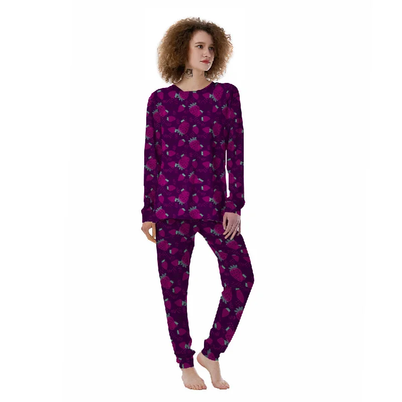 Strawberry Purple Print Pattern Women's Pajamas Best-selling pajama sets 2024