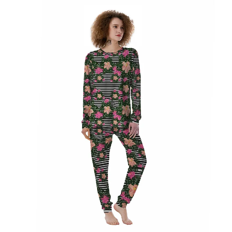 Striped Plumeria Flower Print Pattern Women's Pajamas Forever 21 pajama sets