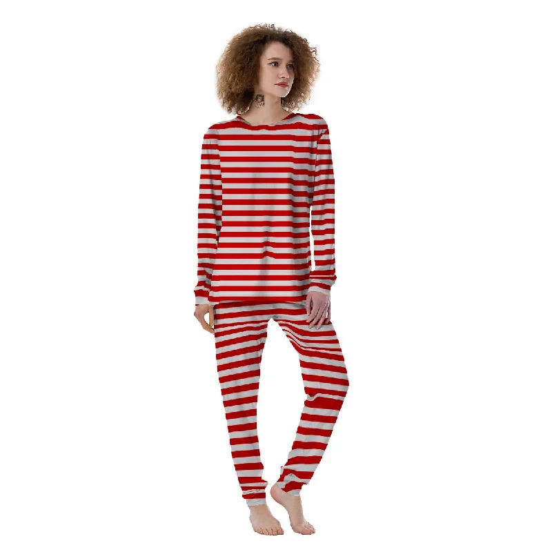 Striped White And Red Print Pattern Women's Pajamas Button-up pajama sets