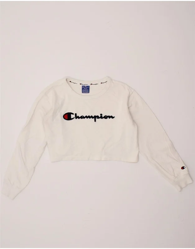 CHAMPION Womens Oversized Crop Graphic Sweatshirt Jumper UK 10 Small White Boho-style sweaters