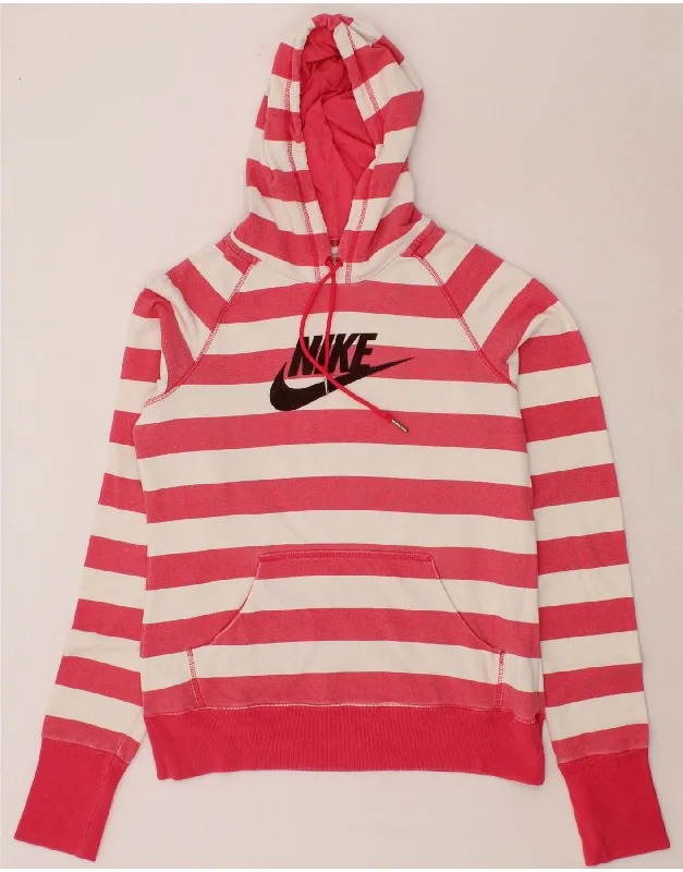 NIKE Womens Graphic Hoodie Jumper UK 14/16 Large Pink Striped Cotton Fleece sweaters