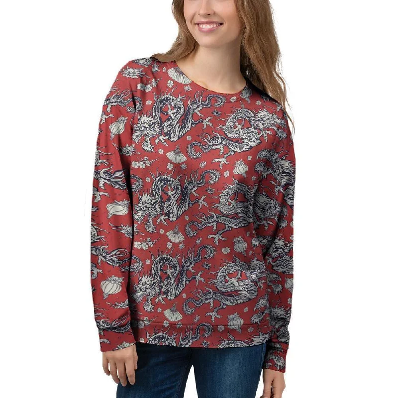 Red Chinese Dragon Floral Print Women's Sweatshirt Water-resistant sweaters