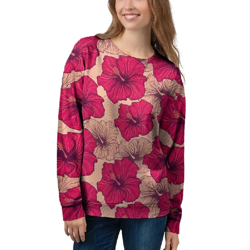 Red Hibiscus Flower Print Women's Sweatshirt North Face sweaters