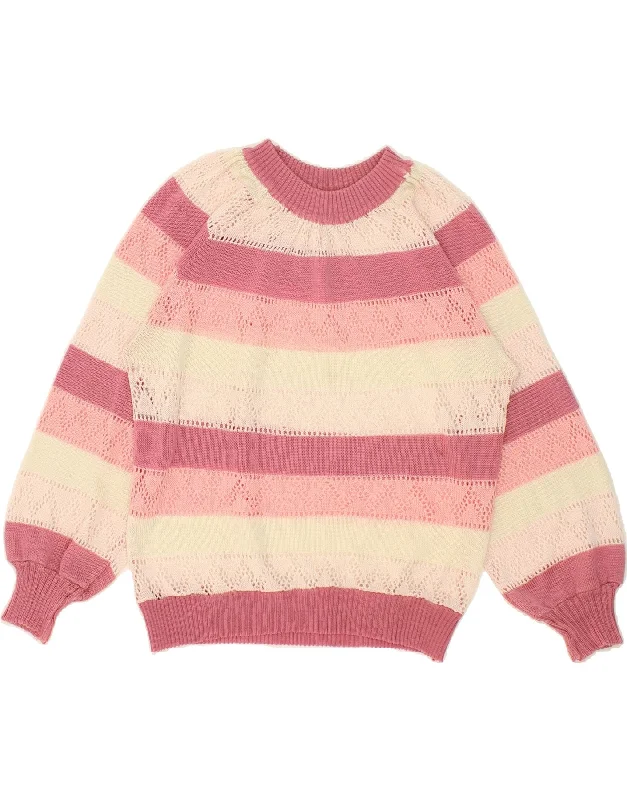 VINTAGE Womens Crew Neck Jumper Sweater UK 14 Medium Pink Striped Budget-friendly sweaters