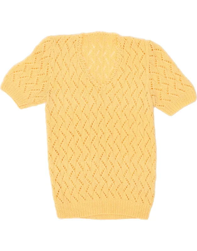 VINTAGE Womens Short Sleeve V-Neck Jumper Sweater UK 10 Small Yellow College sweaters