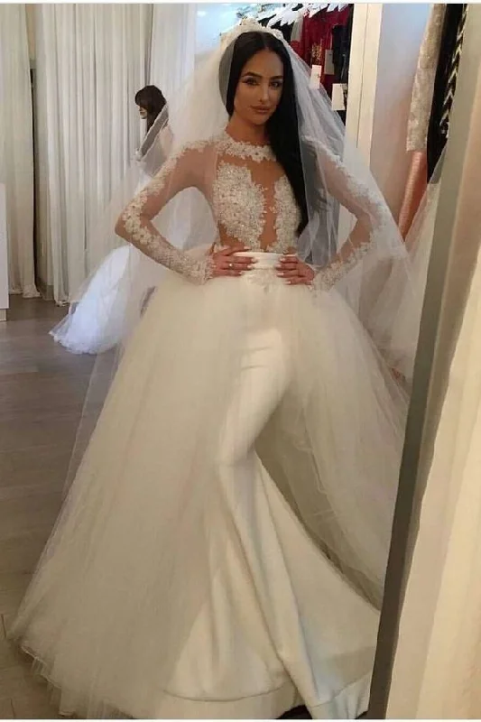 2024 Mermaid Scoop Long Sleeves Stretch Satin Wedding Dresses With Tulle PK9D85BH Lace Back Wedding