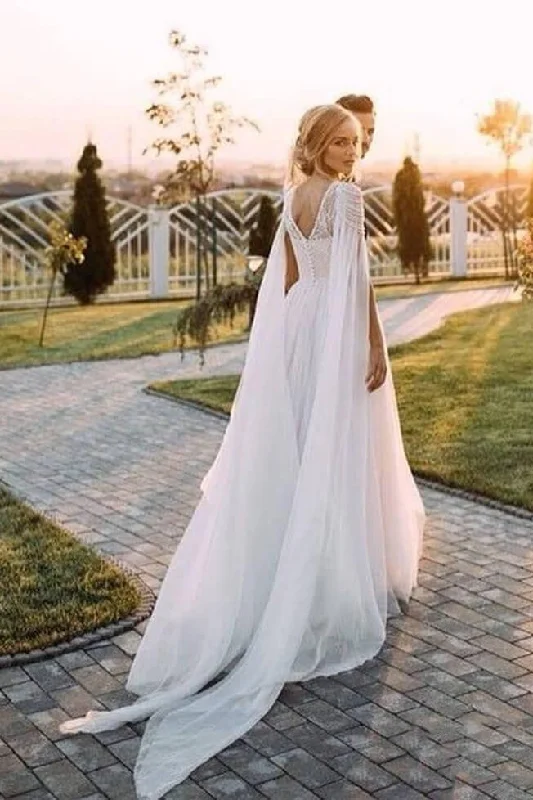 A Line Beaded Chiffon Cap Sleeves Boho Wedding Dress, Beach Wedding Dress With Pearls N2066 Beaded Bridal Gown