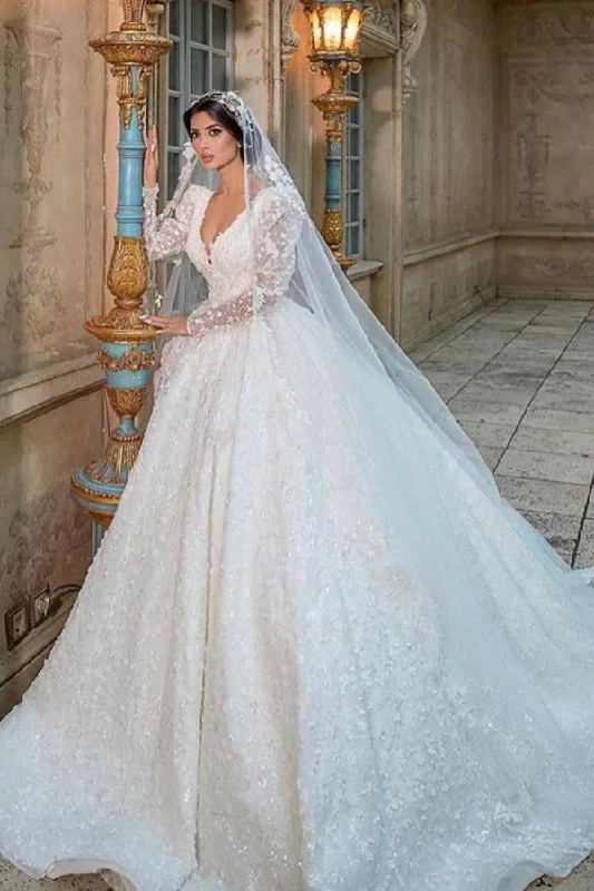 A-Line Deep V-Neck Long Sleeve Train Wedding Dress with Lace Appliques Wedding Gown Set