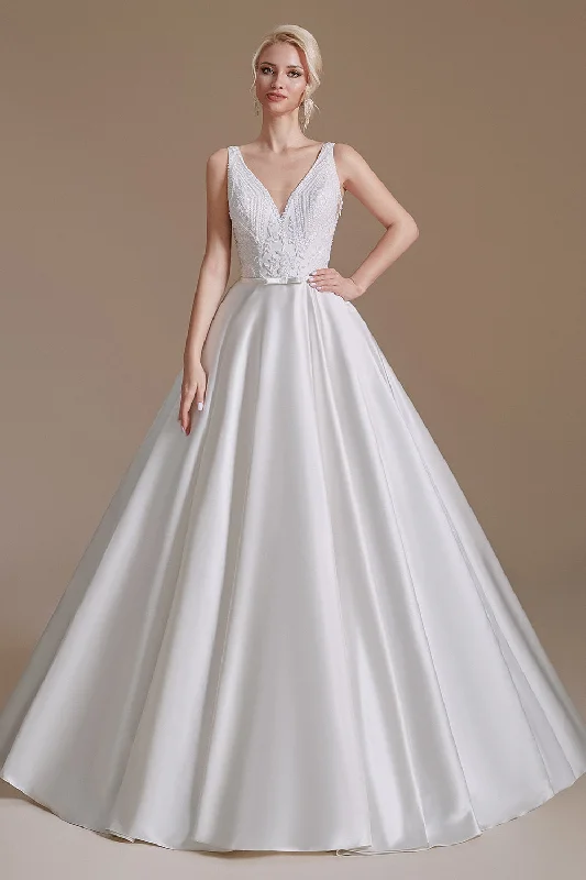 A-Line Elegant Sleeveless Stain Long Length Wedding Dresses Strapless Wedding Gown