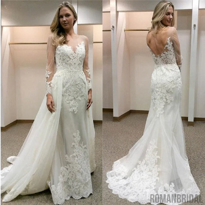 A-line Tulle Mermaid Bakcless Appliques  Open-Back Simple Long Sleeves Wedding Dresses, WD0321 Sparkling Bridal Gown