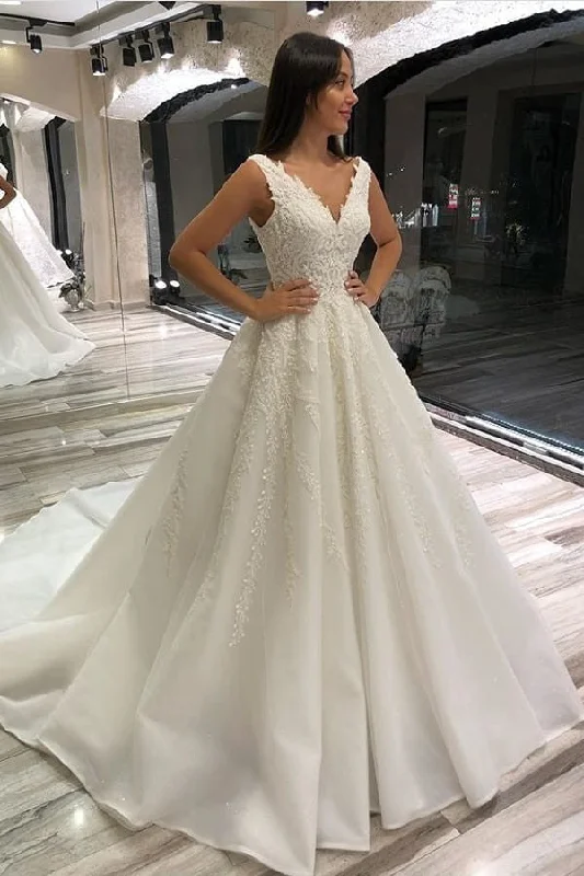 A-Line V-Neck Sleeveless Long Wedding Dress with Lace Off-shoulder Gown