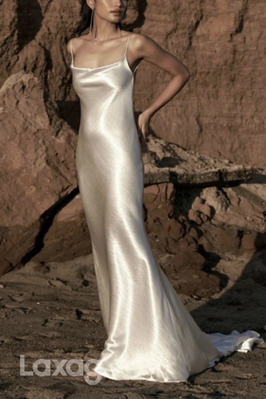 22980 - Spaghetti Straps Backless Sleek Satin Elegant Wedding Dress with Train Satin Bridal Gown