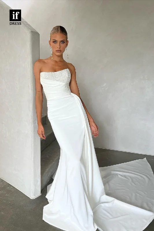 31528 - Charming Off-Shoulder Sleeveless Scoop Pleats Beaded Wedding Dress Beaded Wedding Gown