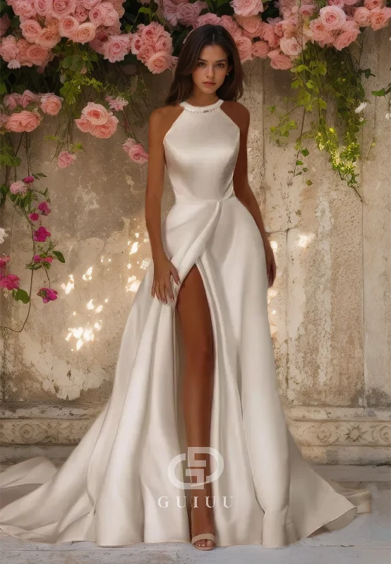 GW724 - Chic & Modern A-Line Halter Pearls Draped Wedding Dress with High Side Slit and Bowknot Floral Bridal Gown