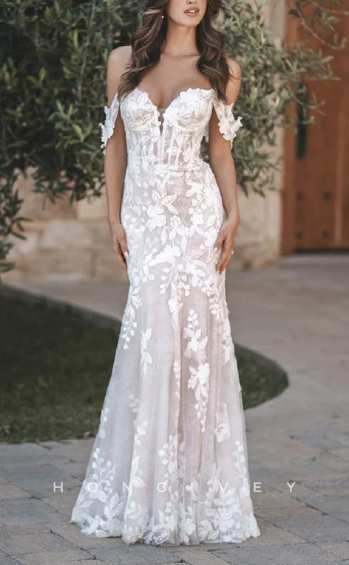 H1579 - Sexy Lace Trumpet Sweetheart Off-Shoulder Empire Appliques Illusion With Train Wedding Dress Ruffled Wedding Dress