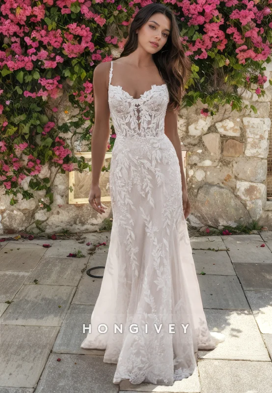 H1581 - Classic Lace Trumpet Sweetheart Spaghetti Straps Illusion Empire Appliques With Train Wedding Dress Illusion Lace Gown