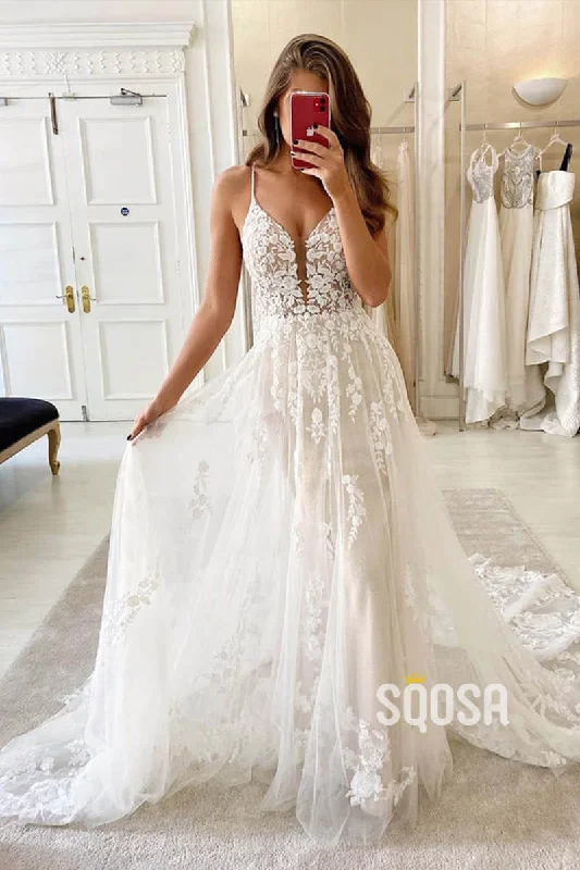 A-line Spaghetti Straps Exquisite Lace Bohemian Wedding Dress Bridal Gown QW2276 Classic Bridal Gown