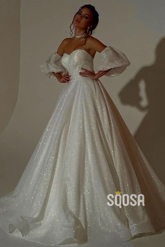 A-line Sweetheart Short Sleeves Rustic Wedding Dress QW2629 Long Sleeve Gown