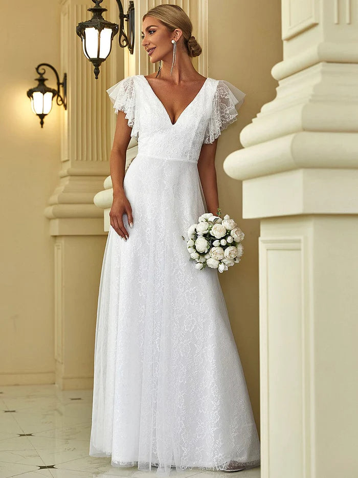 Elegant Maxi Lace Wedding Dress with Ruffle Sleeves Lace Sleeveless Dress