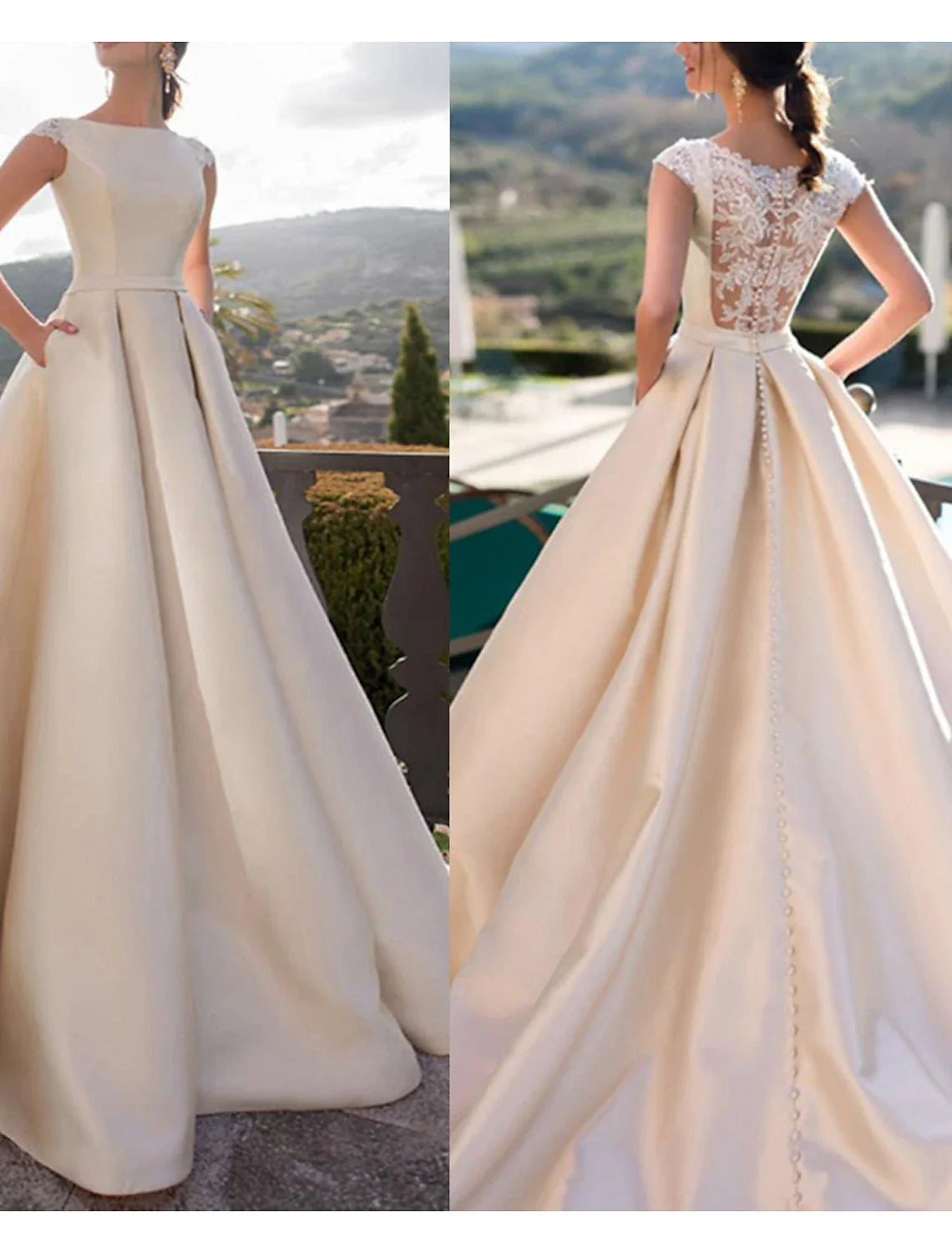 Hall Royal Style Wedding Dresses A-Line Scoop Neck Sleeveless Court Train Satin Bridal Gowns With Pearls Appliques Lace Train Dress