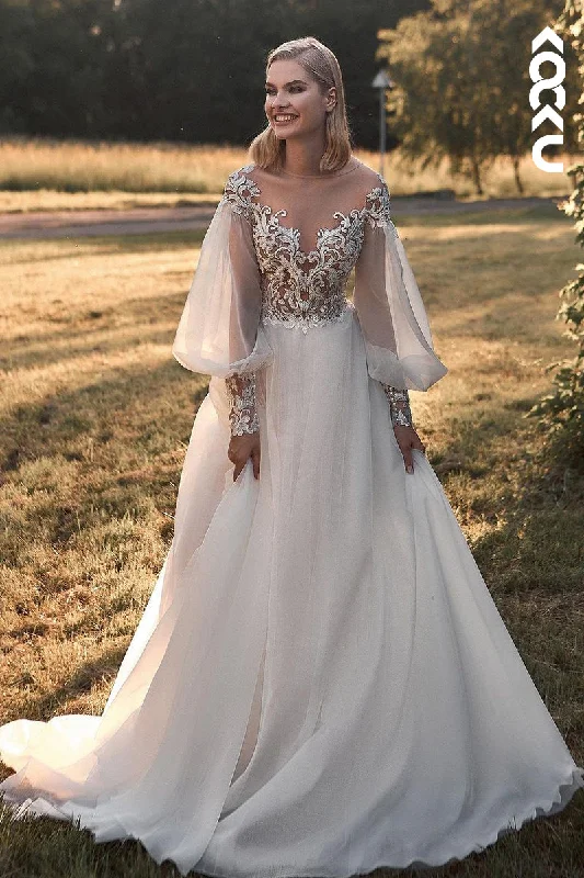 K1950 - Gorgeous & Charming V-Neck Long Lace Sleeves A-line Wedding Dress With Applique Off-shoulder Bridal Gown